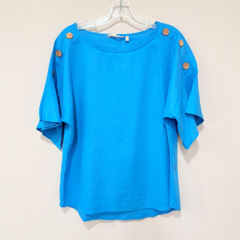 Soft Surroundings Andrea Linen Blend Top M Blue Coastal Chic Boho Minimalist
